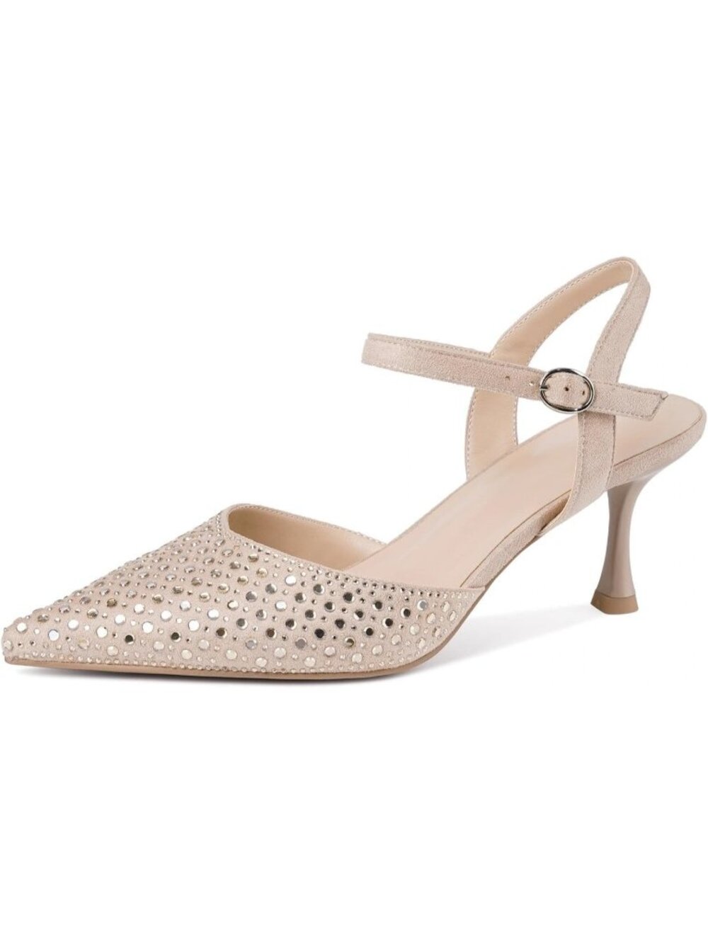 Women's Nude-Suede Kitten Heels Closed Pointed Toe Stiletto Heels Ankle Strap